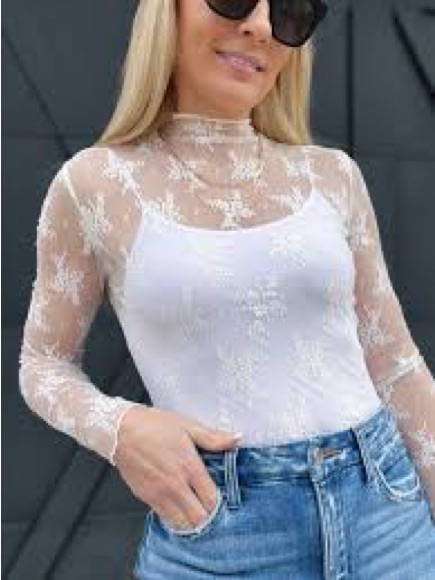 White Floral Lace Mock-Neck Camisole With Sheer Long Sleeves